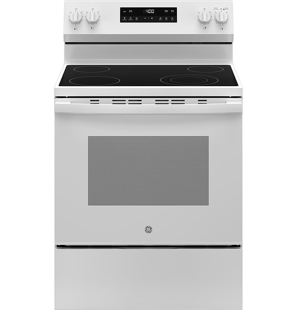 GE - 30 in. Wide 4 Elements 5.3 Cu. Ft. Freestanding Electric Range with Steam Cleaning and Radiant Cooktop - White