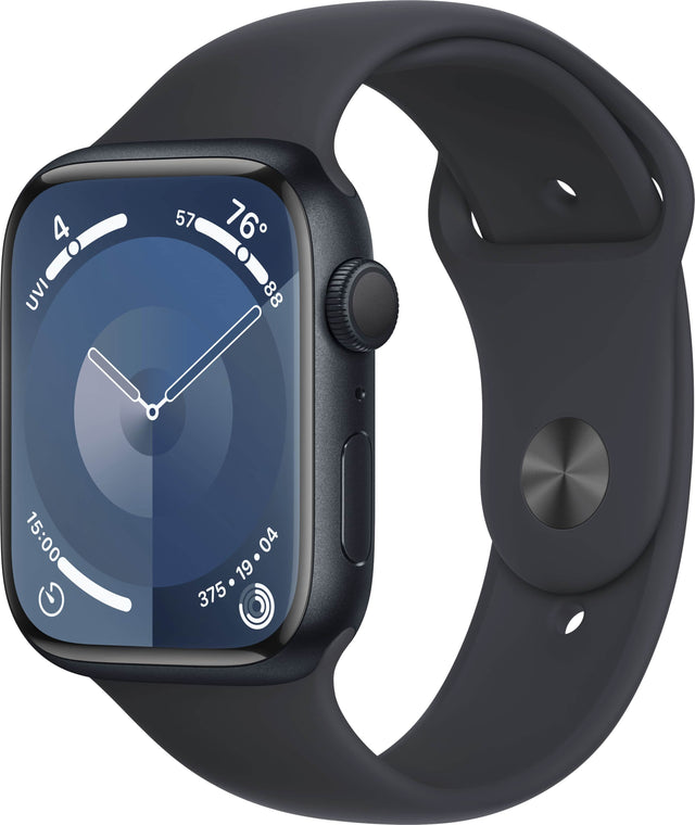 Front. Apple - Apple Watch Series 9 GPS 45mm Aluminum Case with Midnight Sport Band  (Medium/Large) - Midnight.