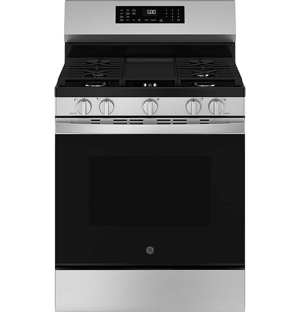 GE - 30 in. Wide 5 Burners 5.3 Cu. Ft. Freestanding Gas Convection Range with Steam Cleaning and EasyWash Oven Tray - Stainless Steel