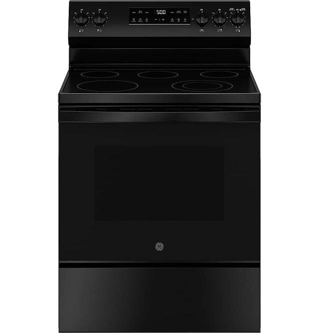 Front. GE - 5.3 Cu. Ft. Freestanding Electric Range with Self-Clean and Steam Cleaning Option and Crisp Mode - Black.