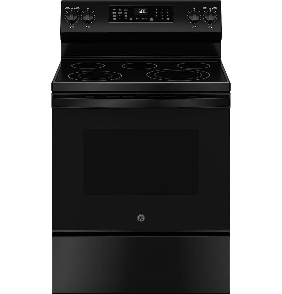 GE - 30 in. Wide 5 Elements 5.3 Cu. Ft. Freestanding Electric Convection Range with Steam Cleaning and EasyWash Tray - Black