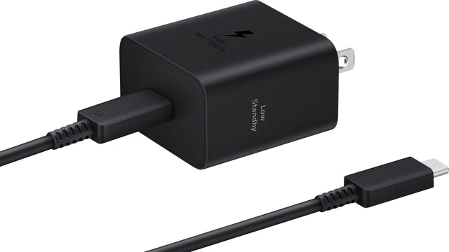 The image features a black charger with a white plug, which is designed to charge devices quickly. The charger is shown in a close-up view, highlighting its features. The charger is compatible with a wide range of devices, including smartphones, tablets, and other electronic devices. The charger is equipped with a fast charging technology that provides a high charging current of 5 amps, ensuring that your device charges quickly and efficiently. The charger also has a low standby power consumption, which mea