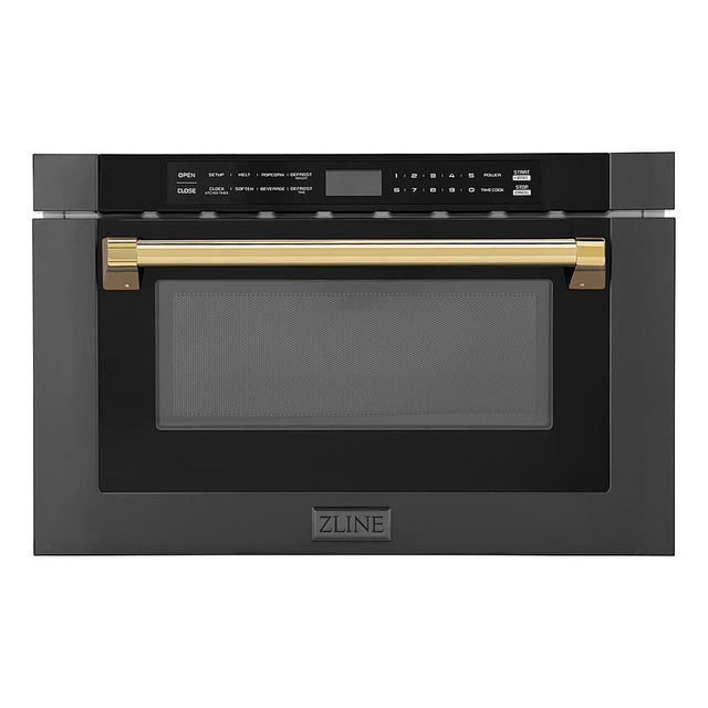 Front. ZLINE - Autograph Edition 24 in.  Built-in Microwave Drawer in Black Stainless Steel and Gold Accents.