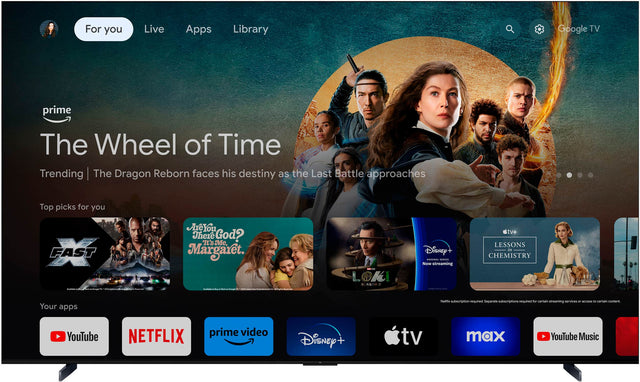 For you: Live Apps Library Google TV Prime The Wheel of Time Trending The Dragon Reborn faces his destiny as the Last Battle approaches Top picks for you: FAST FAST Are You There God? It's Me, Margaret. - - - - - - - - Loki Season 1 - Disney+ - Now streaming on Disney+ Lessons in Chemistry - Your apps Netflix subscription required Separate subscriptions required for certain streaming services - access to certain content YouTube Netflix Prime Video Disney+ TV Max YouTube Music