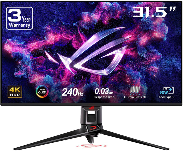 The text on the image reads: "31.5" 4K HDR OLED 240Hz 0.03ms ms Response Time Custom Heatsink 90W USB pe-C 3 Year Warranty."