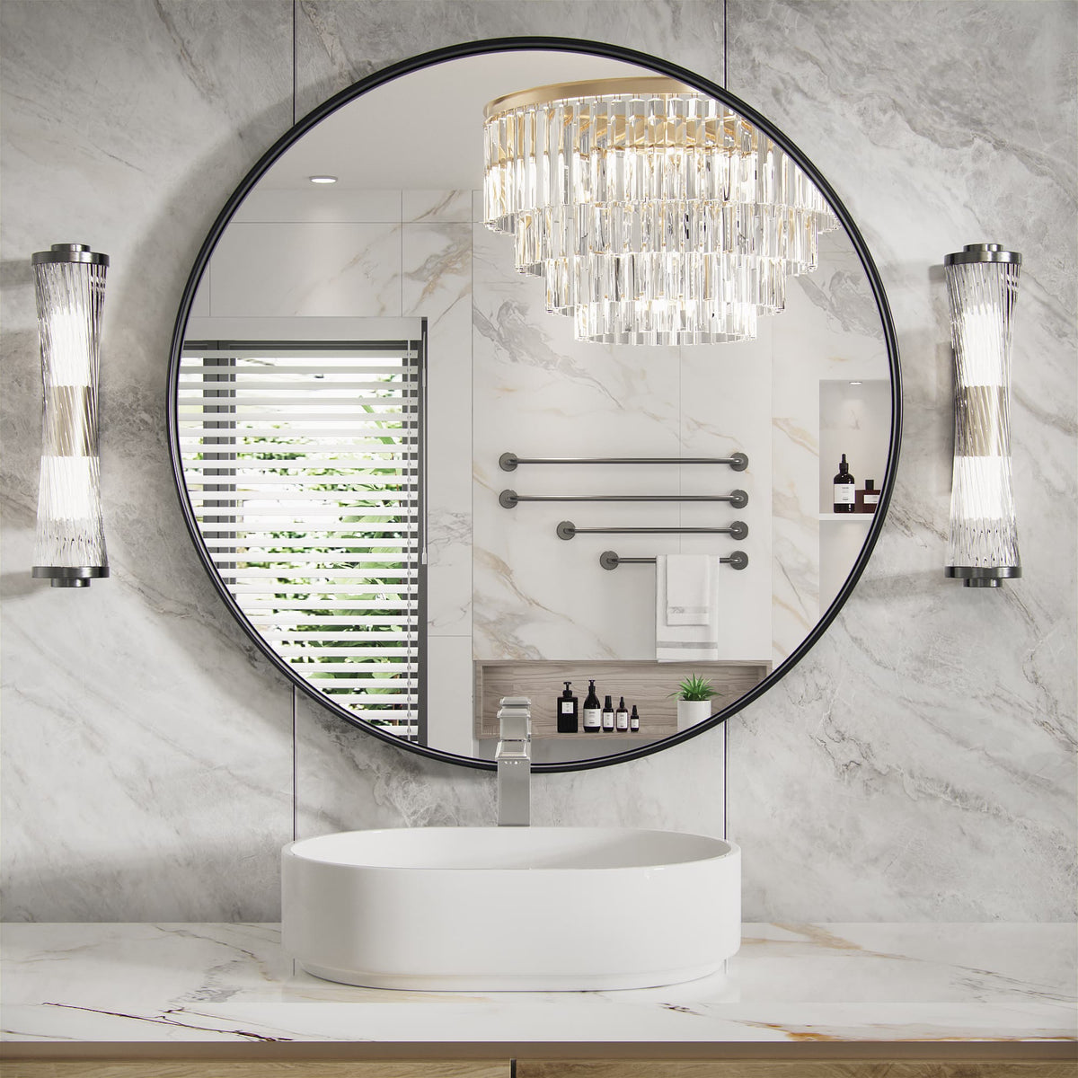 PAIHOME - 24"x24" Medium Round Mirror Metal Framed Wall Mirrors Iron Bathroom Vanity Mirror Decorative Mirror - Black