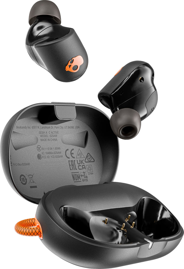 The image features a black and orange device, possibly an iPod or a cell phone, with its case open. The device is accompanied by a charger and earphones. The text on the image reads "B Stulicandy 2 d00 N Lindmark 2 Pn Cy LT 5 LSA S d C CACTIVE MODEL KN MACE 5 CHINA  2 WT8S A 85m C 104864-525AM CE FOCI O 122-25A S C-o-S2Asc EAC CA Los 10 NOM 2 x A."