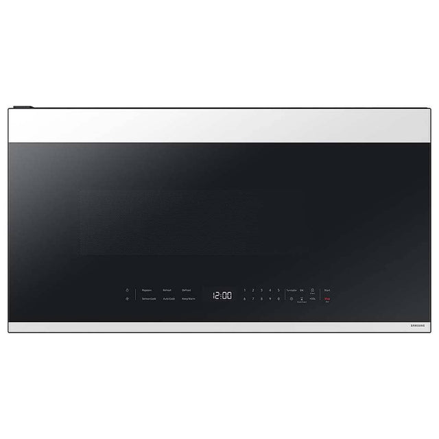 Front. Samsung - OPEN BOX Bespoke 2.1 Cu. Ft. Over-the-Range Microwave with Sensor Cooking and Edge to Edge Glass Display - White Glass.