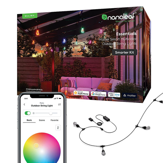 Front. Nanoleaf - Nanoleaf Essentials Smart Multicolor Outdoor String Lights Smarter Kit – 98 feet - White and Colors.