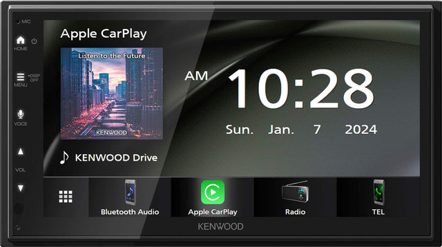 The image features a digital display with a clock showing the time as 10:28. The display also shows the date, which is January 7, 2024. The screen is divided into two sections, with the top section displaying the time and date, and the bottom section showing the Apple CarPlay logo, indicating that the car is equipped with this feature. The display is likely part of a car's dashboard or a personal electronic device.
