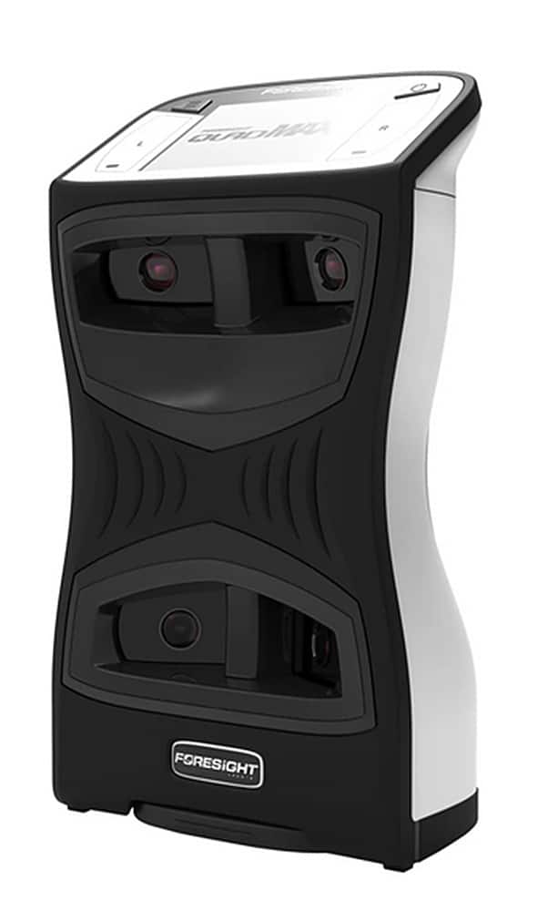The image features a black and white electronic device with a large text that reads "Foresight." The device appears to be a camera or a security system, as it is designed to capture images and monitor the surroundings. The white background of the image further emphasizes the contrast between the black and white colors of the device, making it stand out prominently.