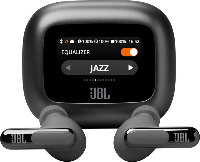 The image features a black electronic device with the word "Equalizer" displayed on the screen. The device has a Jazz setting, which is indicated by the orange button. The device is accompanied by two black earphones, which are placed next to the device. The time displayed on the device is 16:52.
