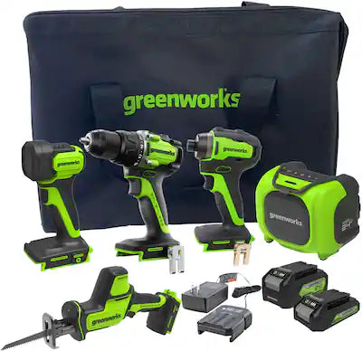 Greenworks - 24V 5 Tool Combo Kit - Drill, Impact Driver, Recip Saw, Light, Bluetooth Speaker, 2Ah + 4Ah Batteries, & Charger