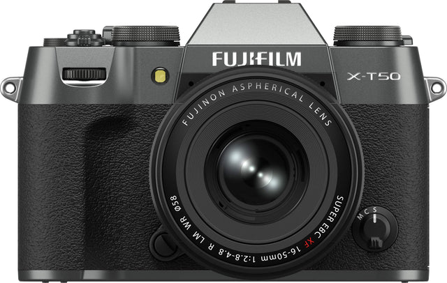 The image features a FUJIFILM X-T50 camera with an aspherical FUJINON lens. The lens has a focal length of 16-50mm and a maximum aperture of 1:2.8-4.8. The camera is designed for high-quality photography and is suitable for various shooting conditions. The lens is mounted on the camera, ready for use.