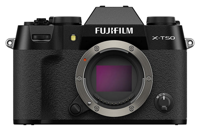 The image features a FUJIFILM X-T50 camera, which is a digital camera. The camera has a large lens and is displayed in a close-up view. The focus is on the camera's lens, showcasing its details. The camera is positioned in a way that highlights its features and design.