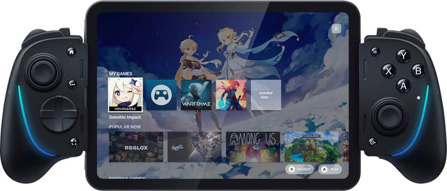 The image features a gaming controller with a screen displaying several games, including Warframe, Genshin Impact, and Roblox. The controller is designed for use with a tablet, and it is likely that the games are being played on the tablet itself. The controller has a sleek design and is likely to be comfortable and easy to use for extended gaming sessions.