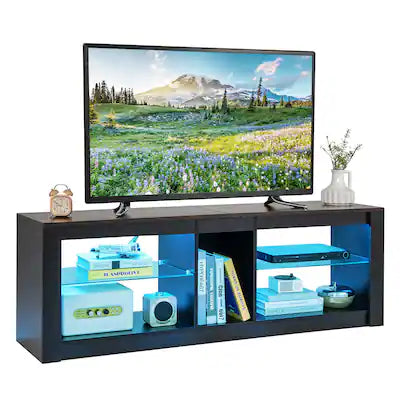 Gymax - TV Stand w/ LED Light for TVs up to 65 inch w/ Adjustable Tempered Glass Shelves