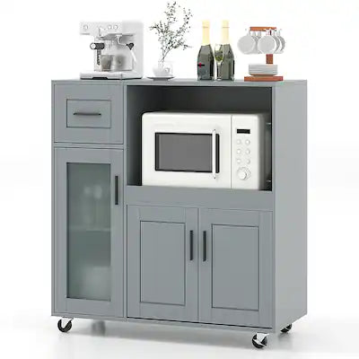 Costway - Rolling Kitchen Island with Wheels Kitchen Cart with Drawer and Glass Door Cabinet