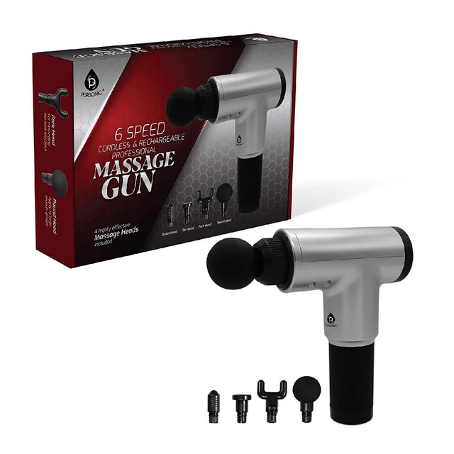 PURSONIC* 6 SPEED RECHARGEABLE CORDLESS PROFESSIONAL MASSAGE GUN effective - noti A 4 tightly Massage Heads included