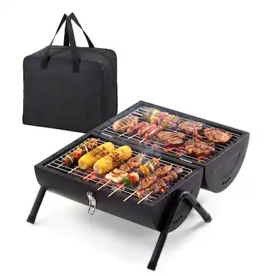 Winado - Portable Charcoal Grill with Thermometer, Dual-Sided Tabletop Barbecue Grill for Outdoor Camping Cooking Backyard Party