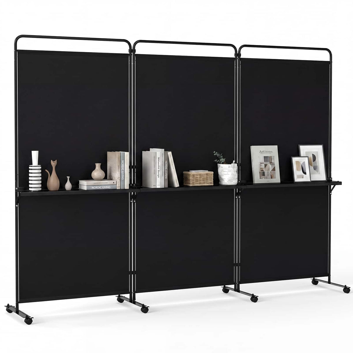 Costway - 3-Panel Room Divider with Storage Shelves 6FT Tall Folding Privacy Screen on Wheels - Black