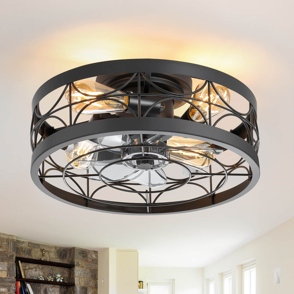 Breezary - 16.5-Inch Cage Fan with Light Bulb, 7 ABS Blades, DC Motor, 6-Speed Settings, Remote Control - black and grey