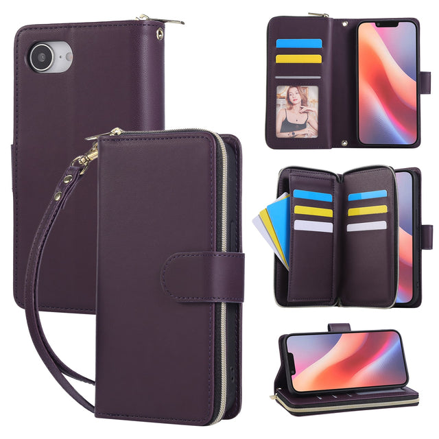 Front. Dteck - Crossbody Wallet Case for Apple iPhone 17e, Shockproof Zipper Pocket PU Leather Folio Cover with 9 Card Slots - Darkpurple.