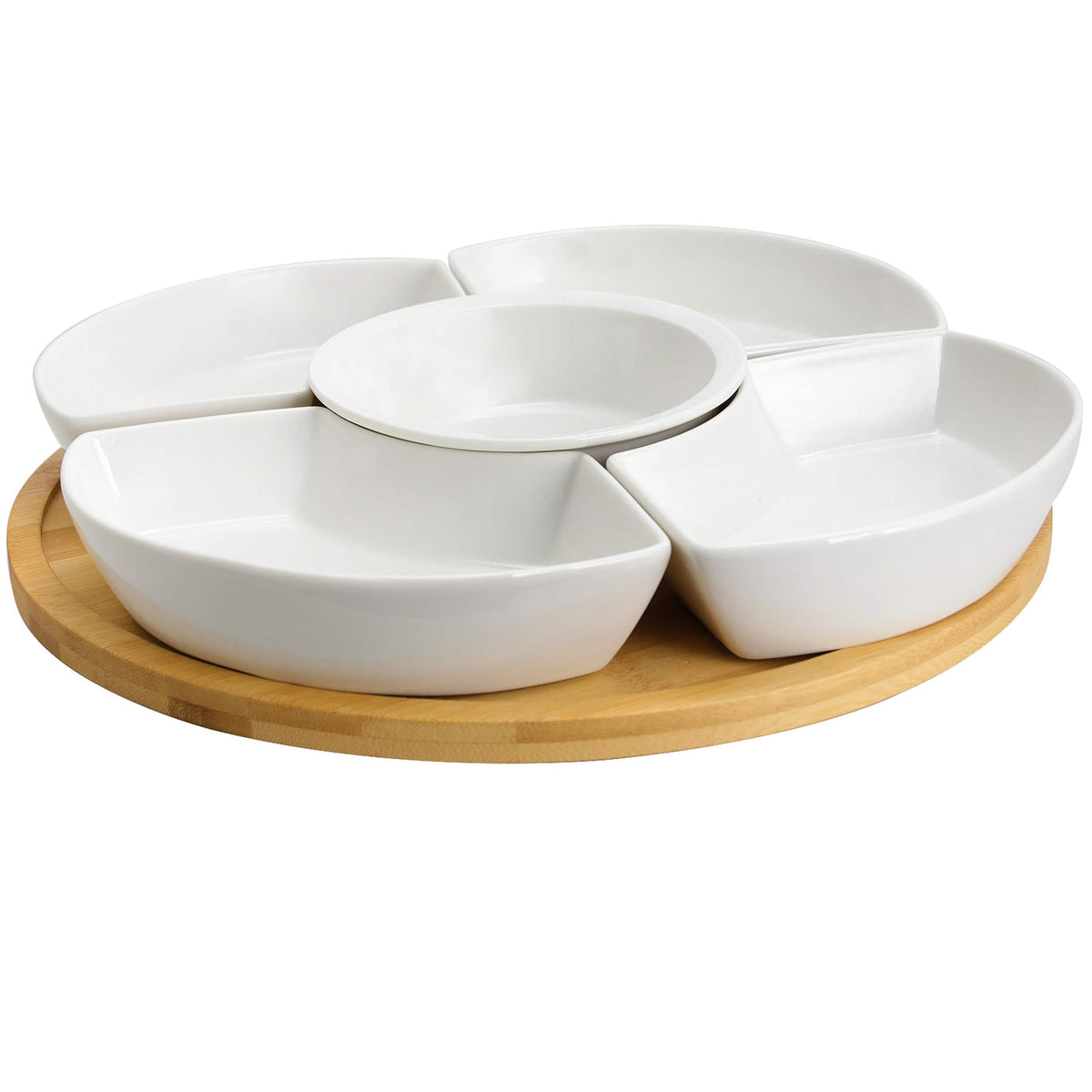 Elama - Signature 12 Inch 6-Piece Bamboo Lazy Susan Appetizer and Condiment Server Set with 5 Serving Dishes - White