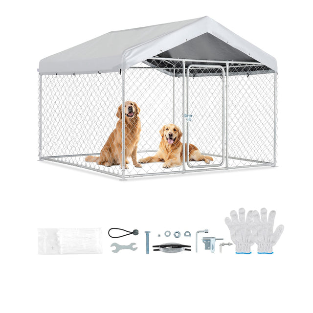 Front. VEVOR - Outdoor Dog Kennel, 6.56 x 6.56 x 5.25 ft Large Dog Kennel with Secure Lock, Outside Dogs Enclosures with UV-Resistant - Galvanized Finish + Silver Gray.