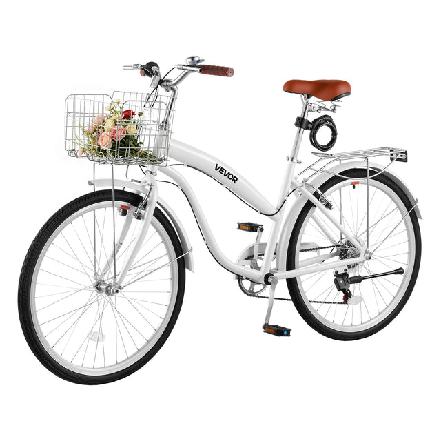 Front. VEVOR - Women Bike, 26 in Beach Cruiser Bike, 7-Speed Adult City Bicycle with Carbon Steel Frame, 330 lbs Capacity, Basket - White.