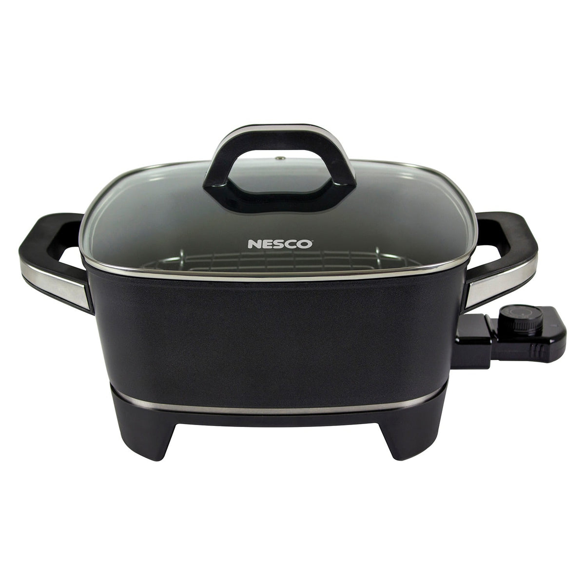 Nesco - 12" Electric Skillet, Vented Glass Lid, Steaming and Roasting Rack - Black