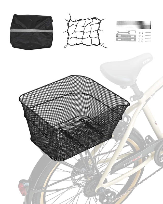 Front. VEVOR - Rear Bike Basket, Wire Mesh Bicycle Basket with Cargo Net & Waterproof Cover, Durable Metal Bike Back Basket - Black.
