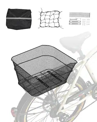 VEVOR - Rear Bike Basket, Wire Mesh Bicycle Basket with Cargo Net & Waterproof Cover, Durable Metal Bike Back Basket