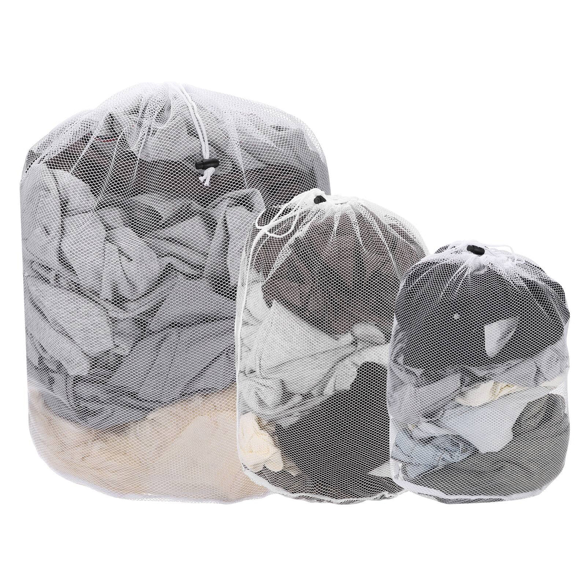 Unique Bargains - Practical 3pcs Mesh Laundry Bag Coarse Drawstring Net with M L XL Sizes for Washing Machine and Home Travel Storage - White