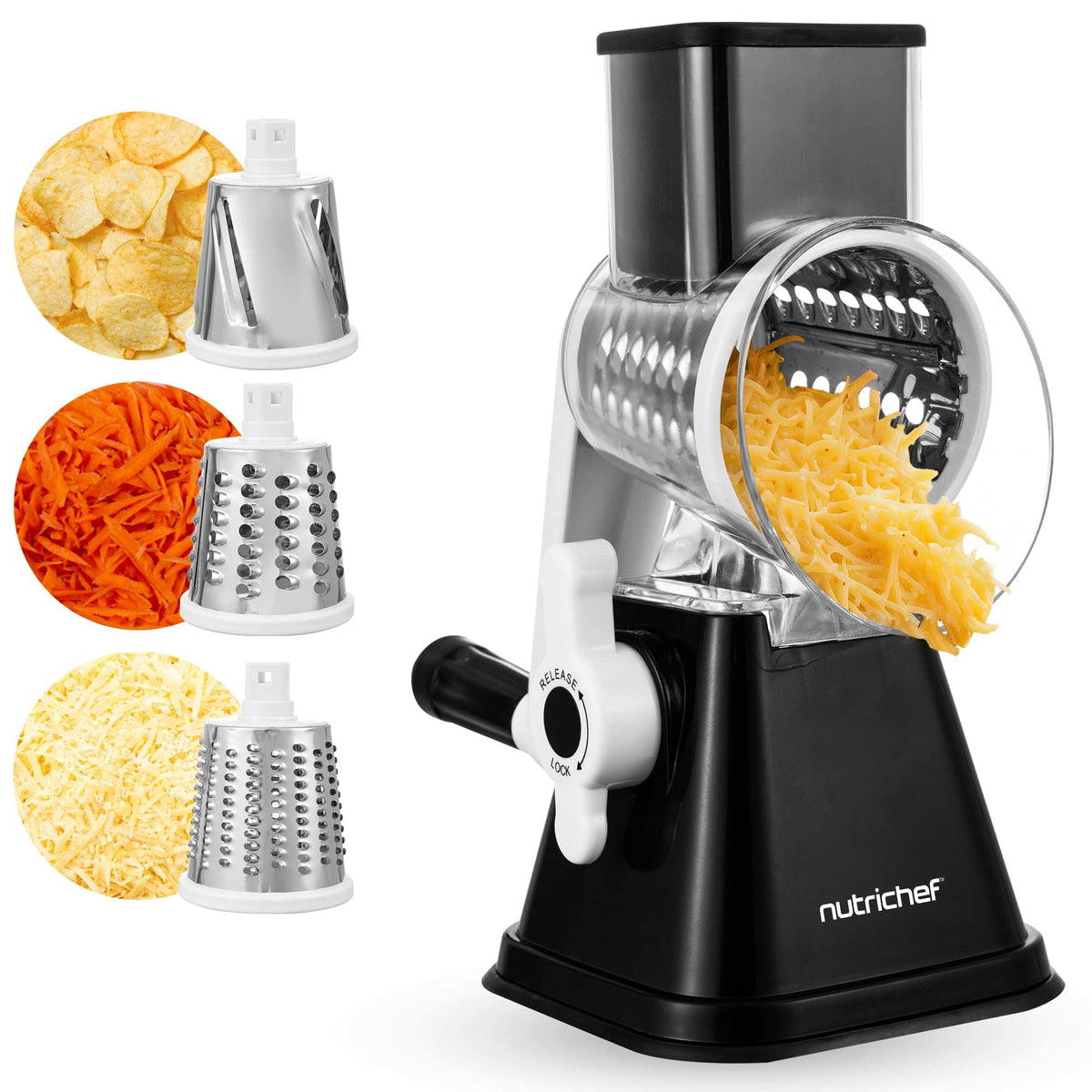 NutriChef - NCCHS3DRBK 3-in-1 Cheese Grater & Shredder, Suction Base, Rotary Handle, 3 Blades - Black