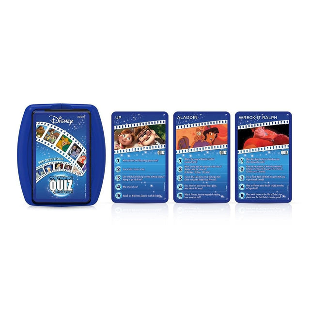 Disney AGE 8+  
500 QUESTIONS TOP TRUMPS QUIZ  

UP  
1. What did Carl (Elliot) do when he was young?  
2. What is Ellie's (Elliot's) name?  
3. What is Russell's (Elliot's) dog's name?  
4. What is Carl's (Elliot's) wife's name?  
5. Russell is a Wilderness Explorer in which movie?  

ALADDIN  
1. What is the name of Aladdin's magic lamp?  
2. What does the Genie grant Aladdin?  
3. What is the name of Aladdin's flying carpet?  
4. What is Jafar's daughter's name?  
5. What is Jasmine's pet monkey's name? 