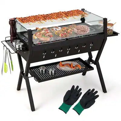 Costway - Stainless Steel Barbecue Charcoal Grills with Seasoning Racks & Storage Shelf