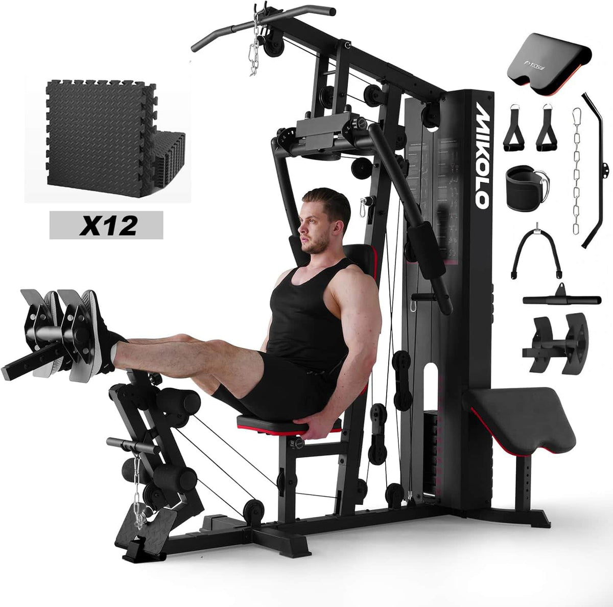 Mikolo - Home Gym Station, Workout Station With 150LBS Weight Stack, 48SFT EVA Non-slip Mat - Black