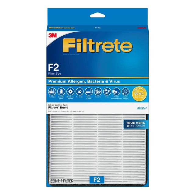 3M Filtrete F2 Filter Size Premium Allergen, Bacteria & Virus

- Dust & Allergens
- Dust Mites
- Mold Spores
- Pet Dander
- Smoke
- Bacteria
- Viruses
- PM 2.5
- Ultrafine Particles

TRUE HEPA 99.97% of Particles

Fits air purifiers from Filtrete Brand:
- FAP-C02WA-02
- FAP-C038A-02
- FAP-T038A-02

CONT: 1 FILTER

TRUE HEPA FILTRATION