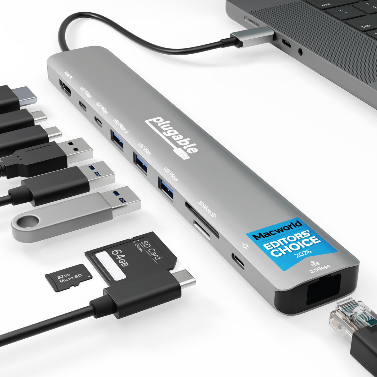 Plugable - USB-C Hub Docking Station, 10-in-1 with 4K 144Hz HDMI, 2.5Gbps Ethernet, 140W Laptop Charging - Space Gray