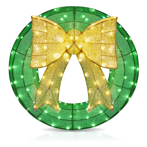 Front. Winado - 24in Pre Lit Christmas Wreath Garland with Lights, Golden Bows Ornaments for Indoor Outdoor Doorway Party Decorations - Multicolor.