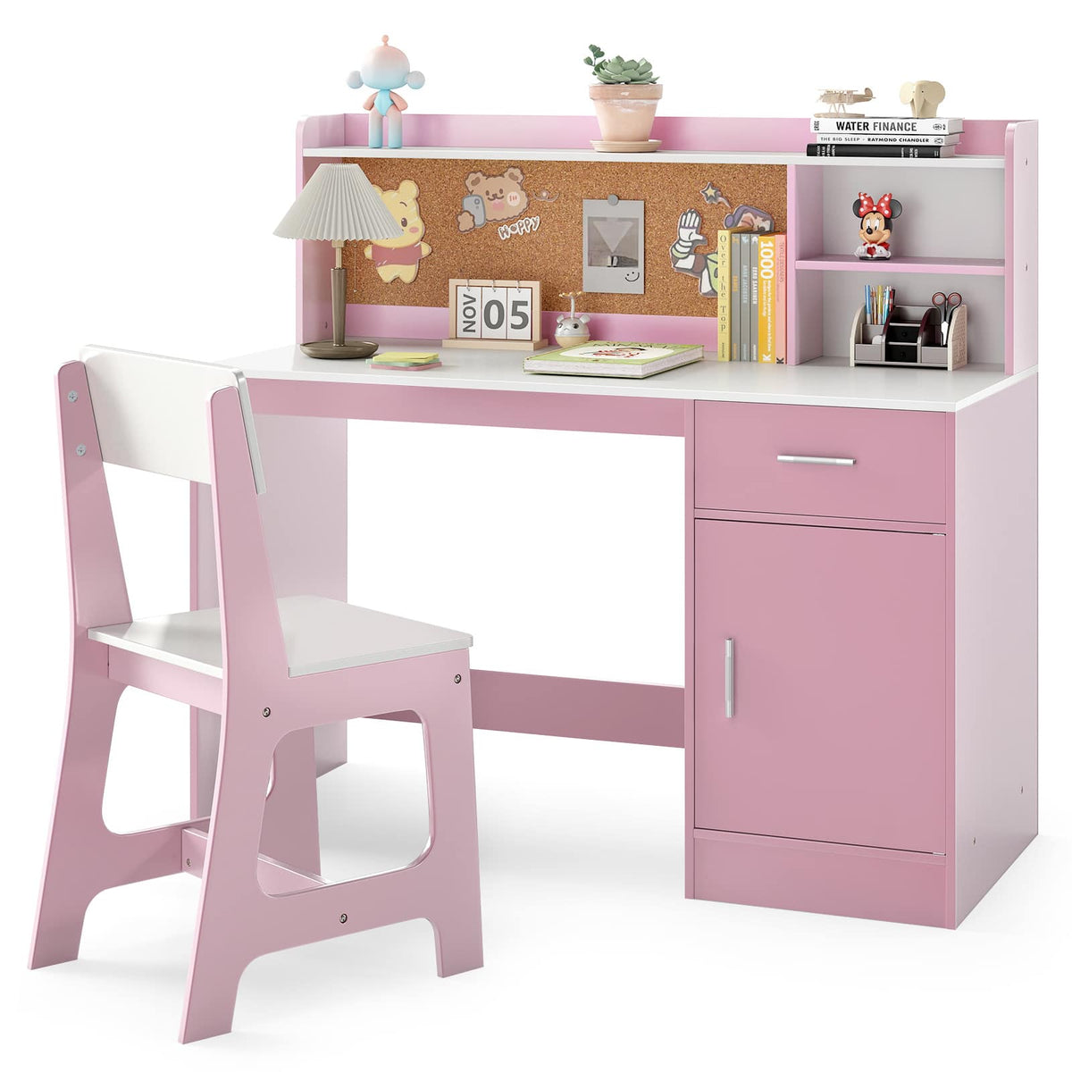 Costway - Kids Study Desk & Chair Set with Shelves, Drawer, Storage Cabinet for 3+ Years Old - Pink