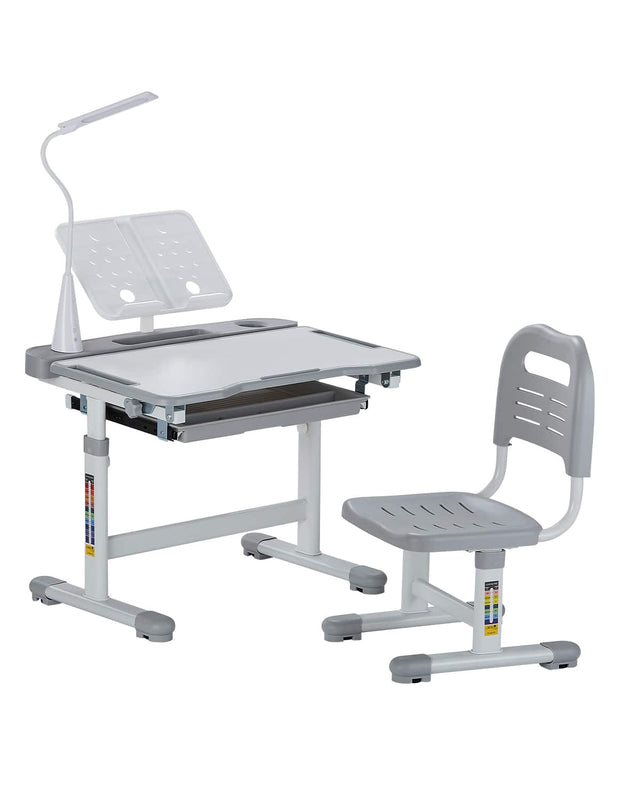 Front. VEVOR - Kids Study Chair and Desk Set, Study Desk and Chair for Kids with Table Lamp - Gray.