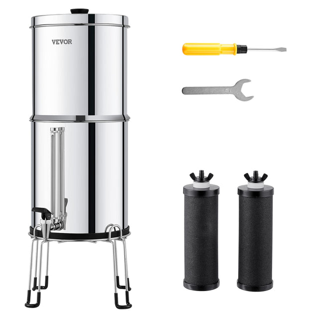 Front. VEVOR - Gravity-fed Water Filter System, 2.25G 304 Stainless-Steel Countertop System, Water Filtration System - Silver.