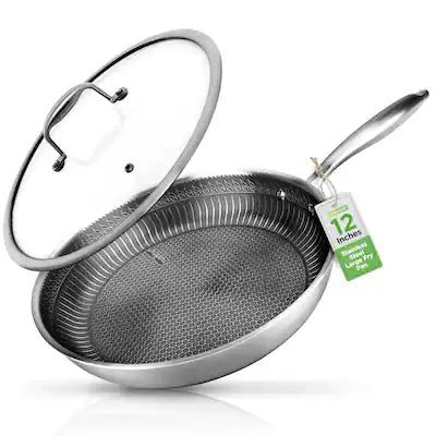 NutriChef - 12" Frying Pan with Lid, Triply Hybrid Large Skillet, Scratch-Resistant (NC3PL12)