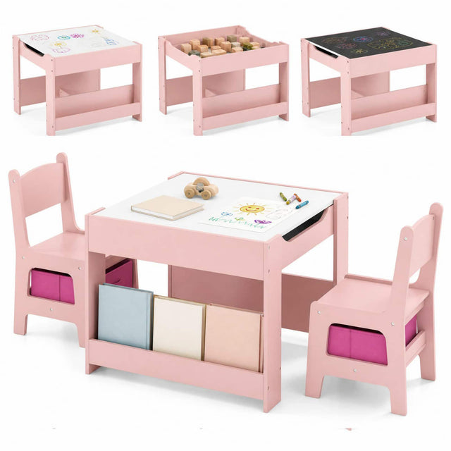 Front. Costway - Costway 4-in-1 Kids Table & Chair Set Toddler Wooden Activity Table with Side Bookshelves - Pink.