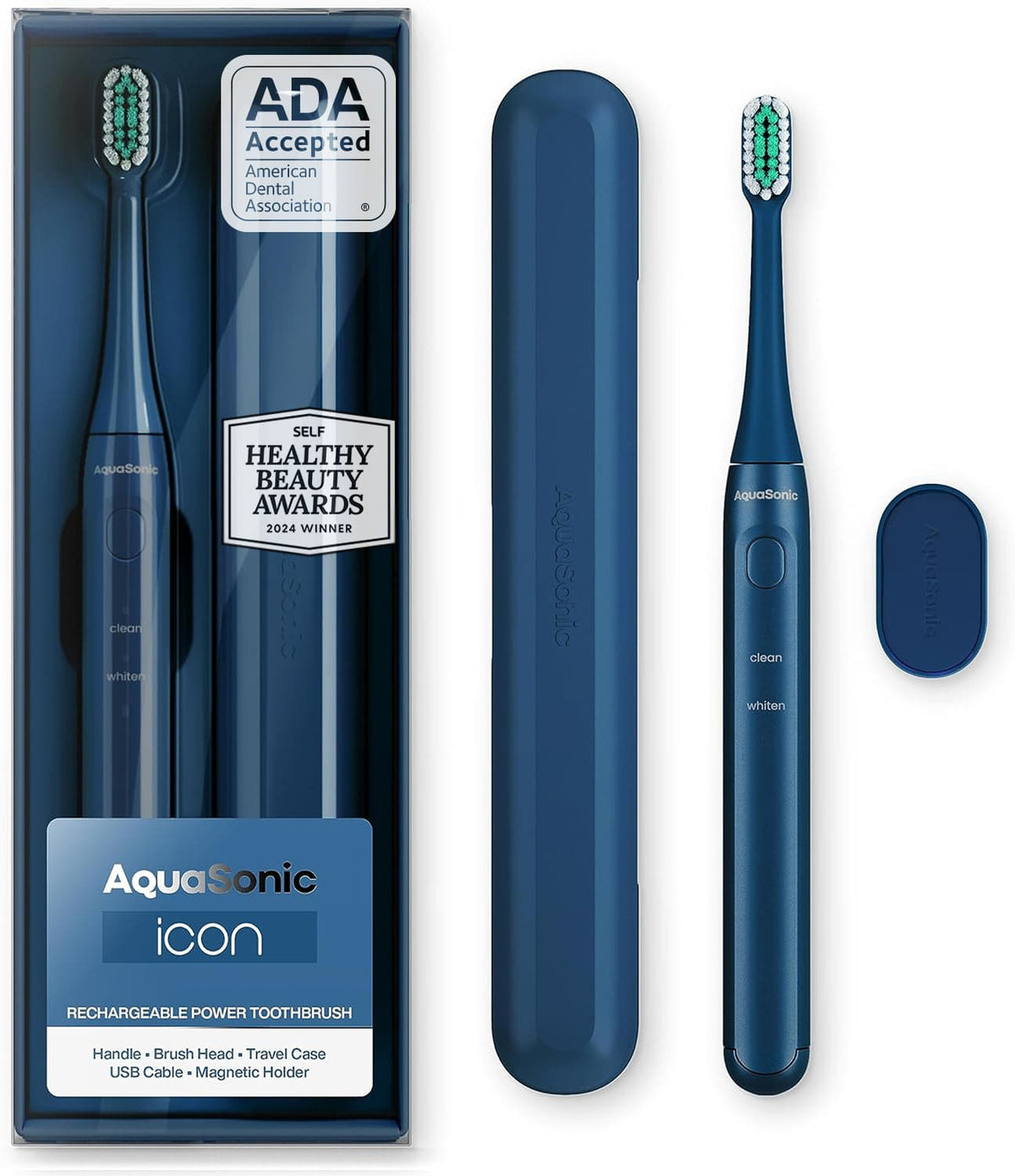 AquaSonic - Icon ADA-Accepted Rechargeable Toothbrush- Magnetic Holder & Slim Travel Case - 2 Brushing Modes & Smart Timers - Navy