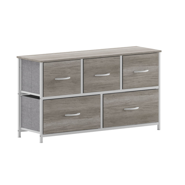 Front. Emma + Oliver - Marley 5 Drawer Storage Dresser with Cast Iron Frame, Wood Top, and Easy Pull Fabric Drawers with Wooden Handles - Light Natural Drawers/White Frame.