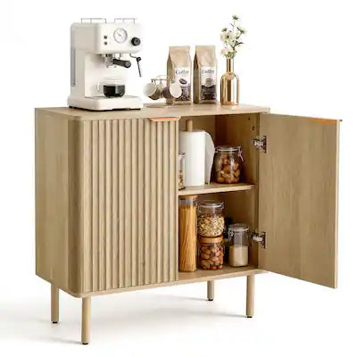 VEVOR - Coffee Bar Cabinet, Mid Century Fluted Coffee Bar Table with 2-Tier Storage, Buffet Stand Cabinet with 2 Barn Door