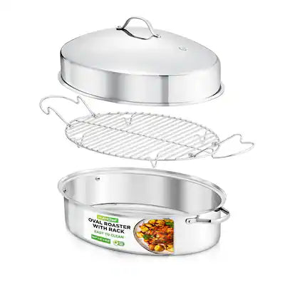 NutriChef - 20" Oval Roasting Pan with Rack and Lid - Premium Stainless Steel Roaster Dish w/ Wide Handles